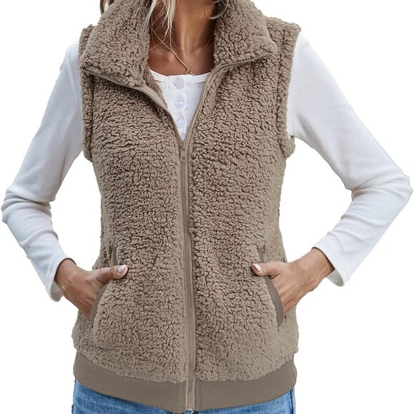 Jackets & Blazers - Womens Fuzzy Fleece Vest, Casual Warm Sleeveless Zip Up Sherpa Vest Jacket with
